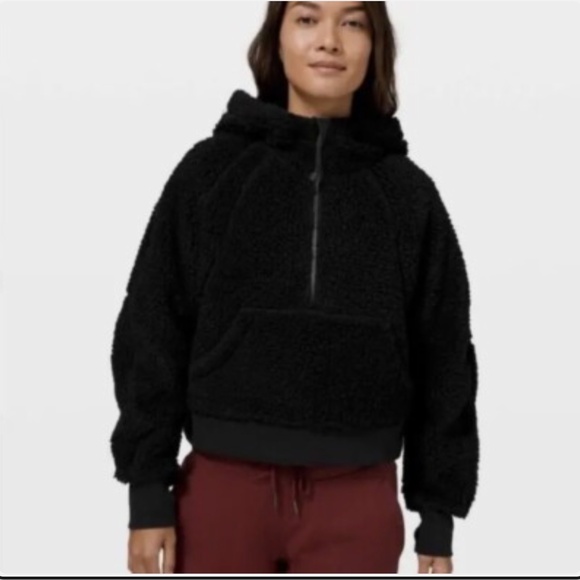 Lulu Lululemon Athletica Black Sherpa 1/2 Zip Teddy Bear Cropped Hoodie XL XXL - Picture 1 of 15